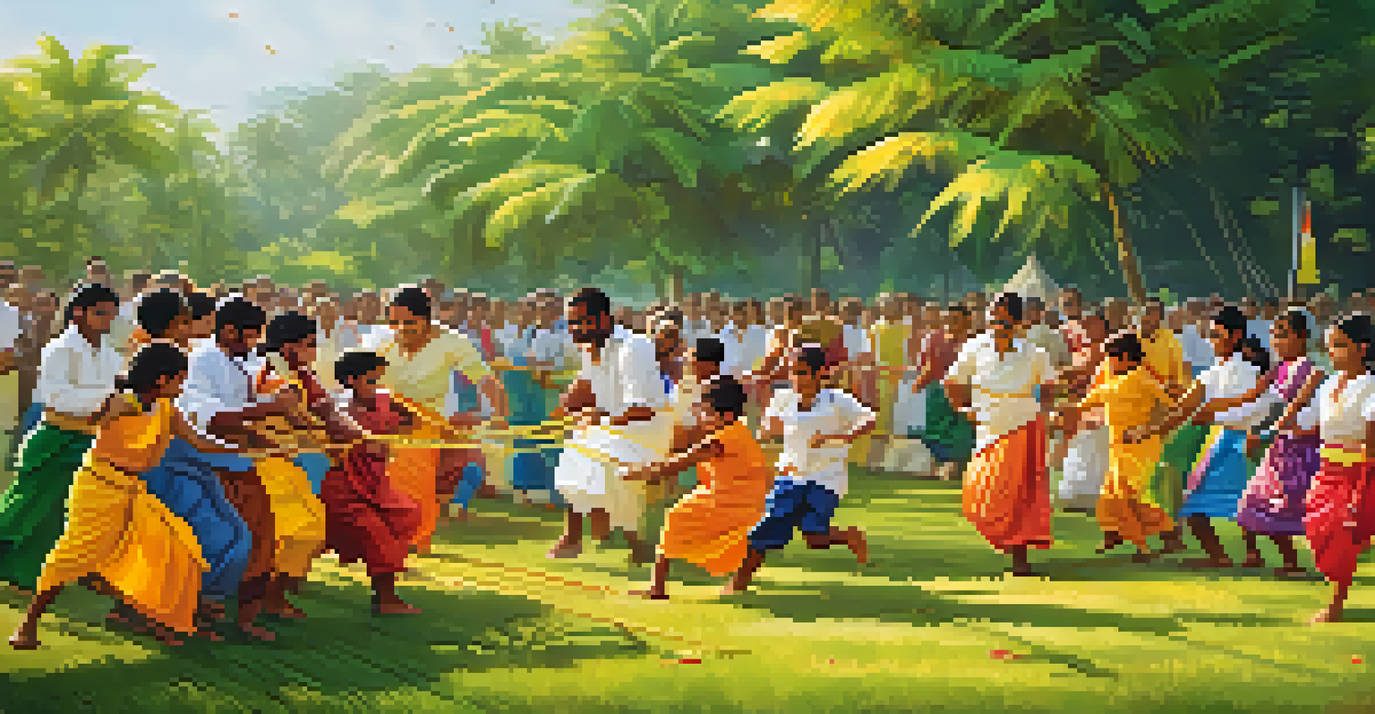 A group of people engaging in traditional Onam games, including tug-of-war, in a vibrant outdoor setting.