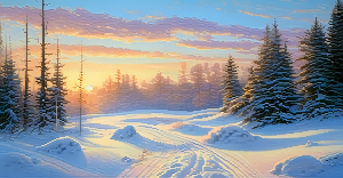 A tranquil winter scene with animal tracks in the snow, illuminated by the sunrise.