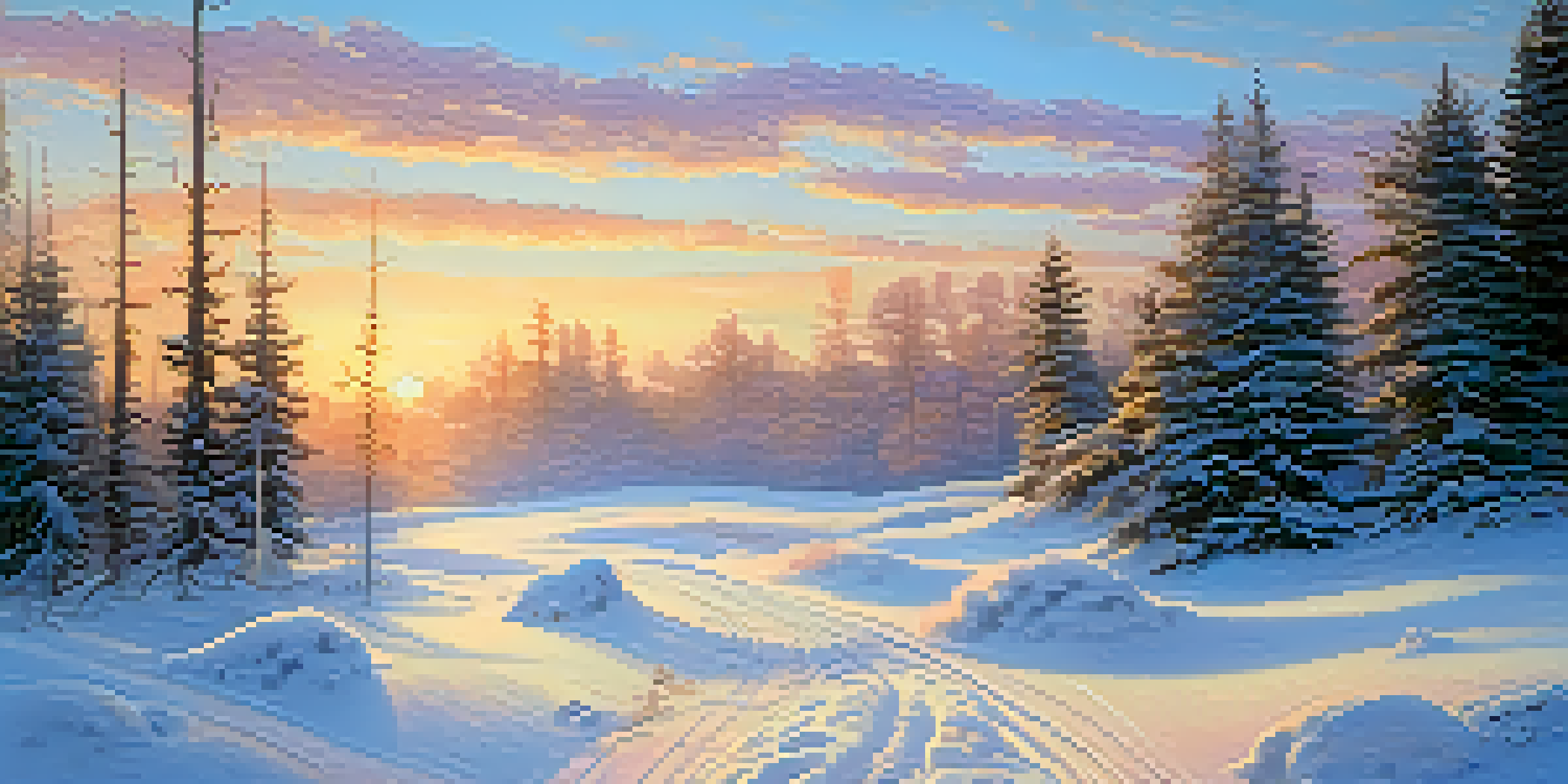 A tranquil winter scene with animal tracks in the snow, illuminated by the sunrise.