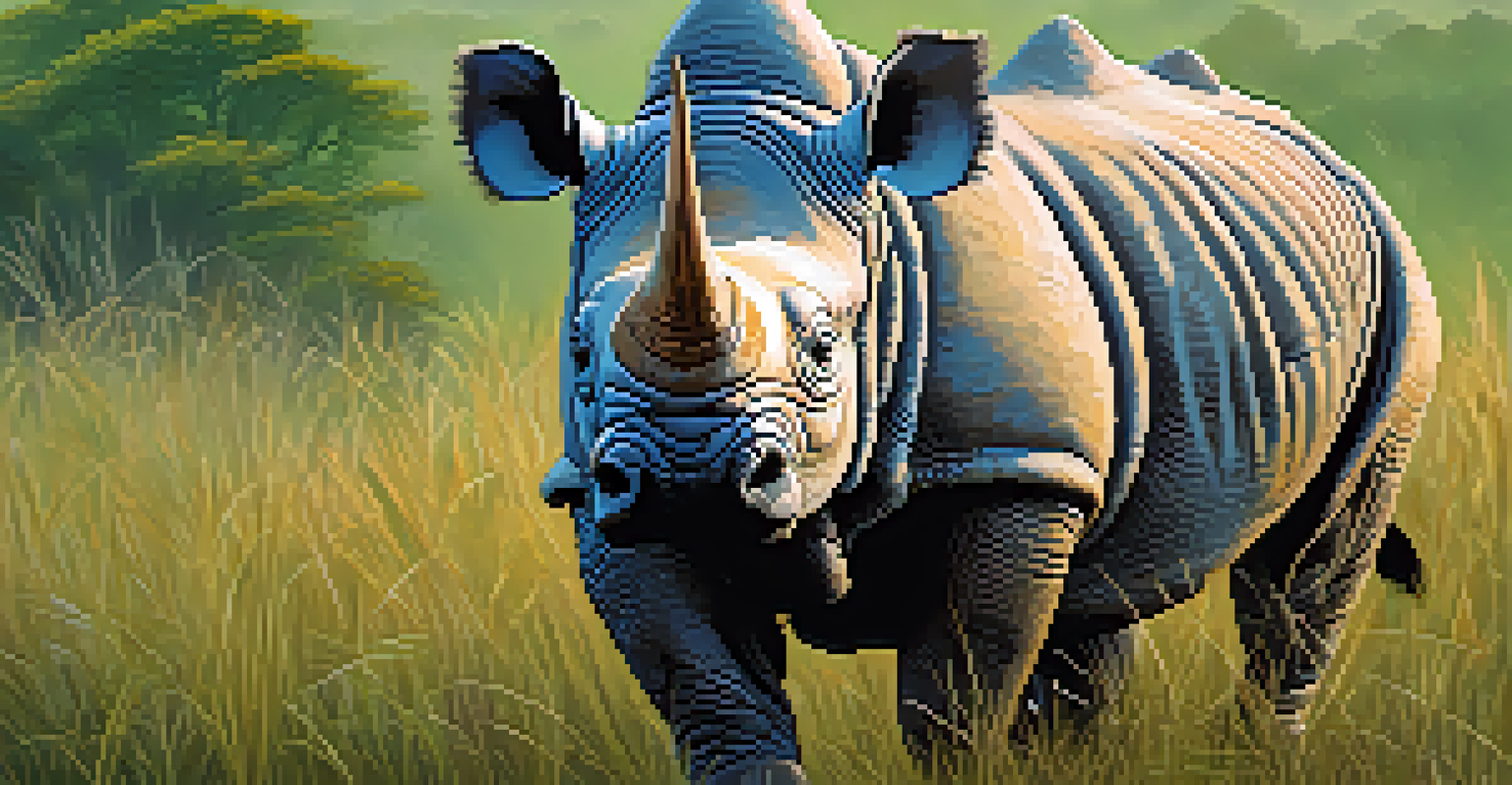 An Indian one-horned rhinoceros in the grasslands of Kaziranga National Park during morning light.