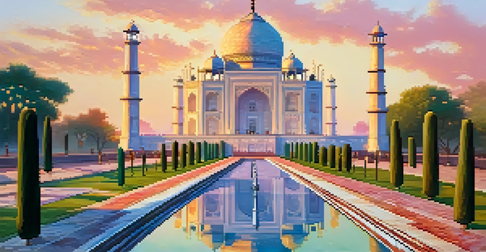 A view of the Taj Mahal at sunrise, surrounded by gardens and a reflecting pool, with a colorful sky.
