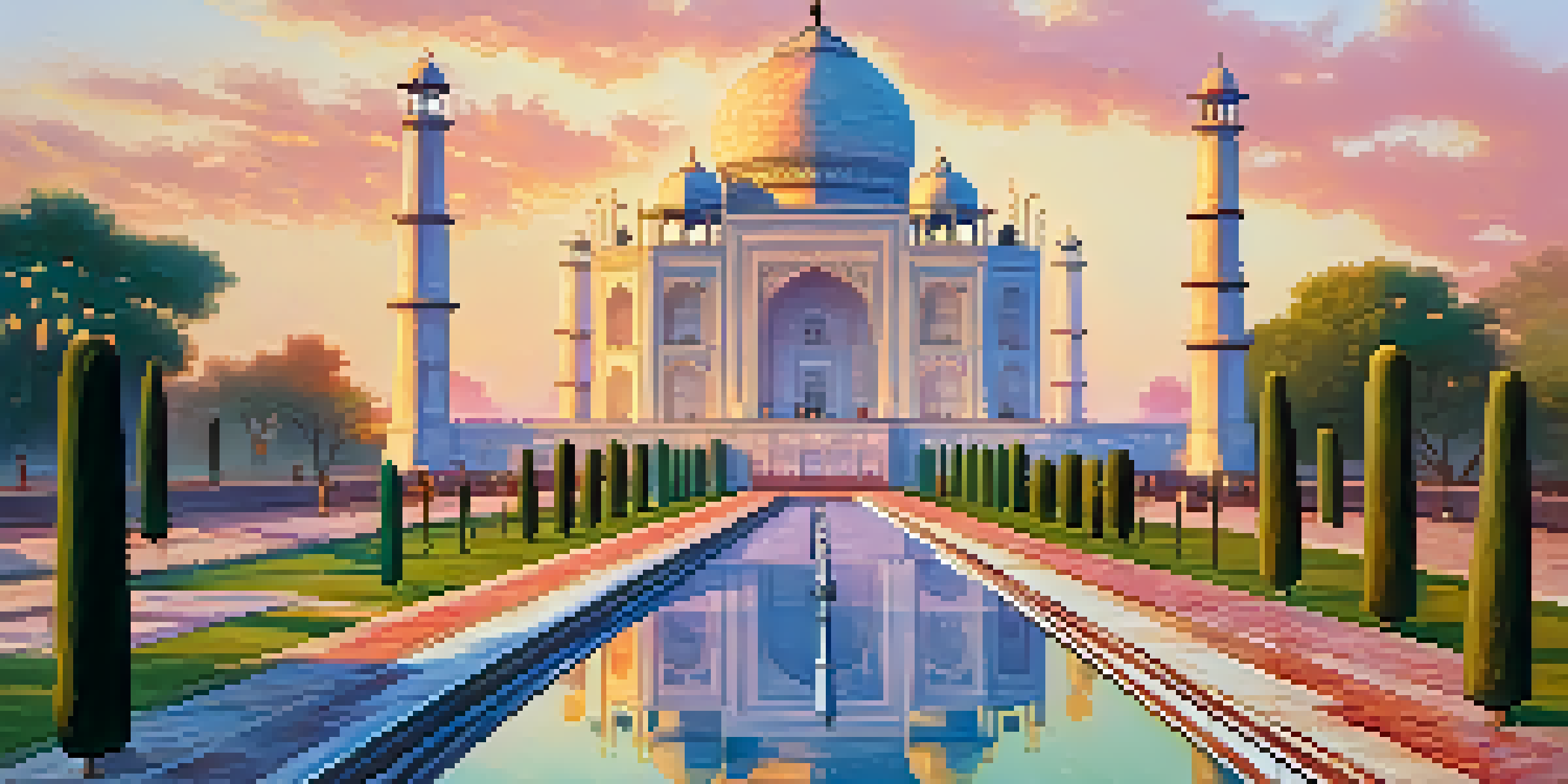 A view of the Taj Mahal at sunrise, surrounded by gardens and a reflecting pool, with a colorful sky.
