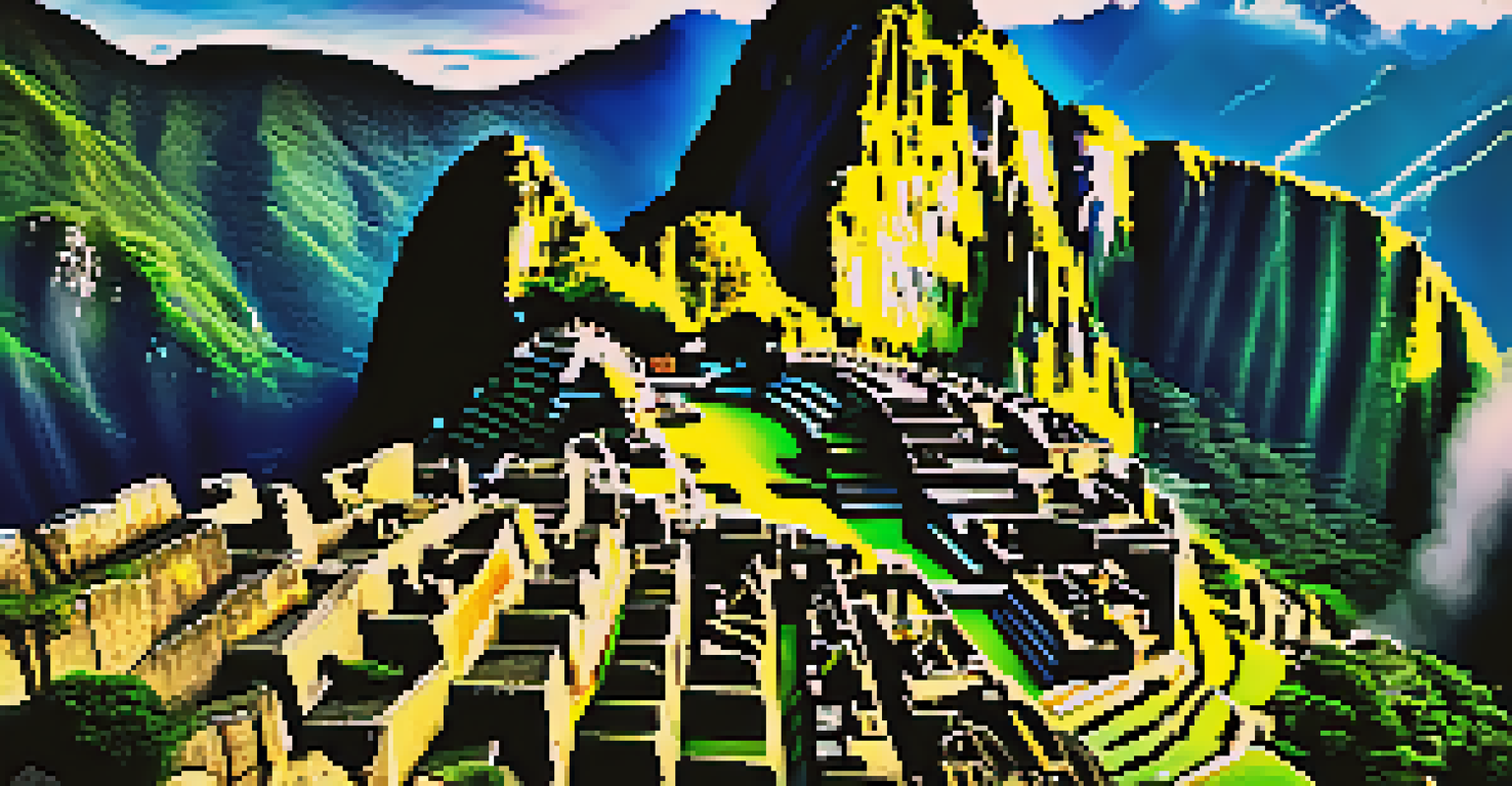 Aerial view of Machu Picchu surrounded by misty mountains, illuminated by morning sunlight.