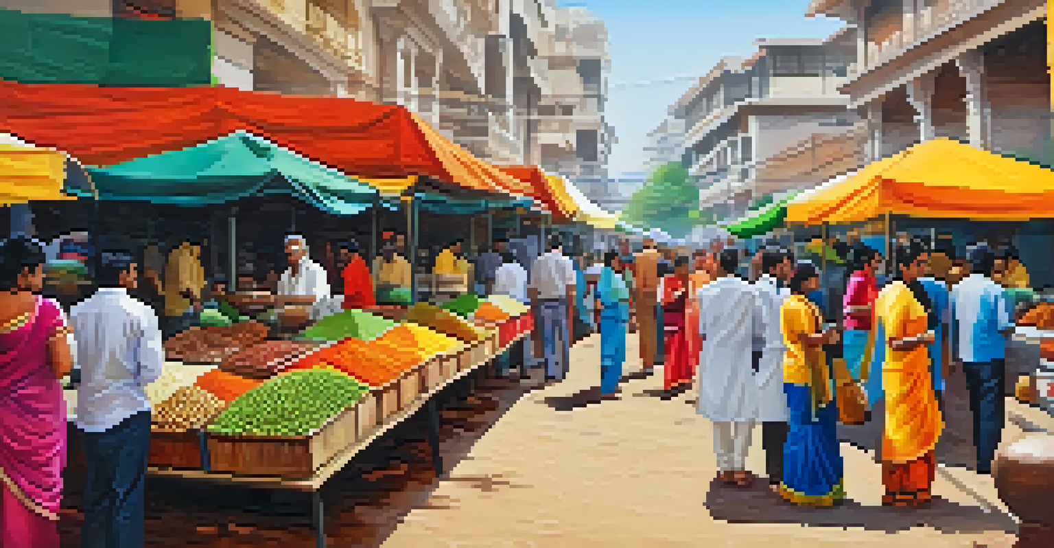 A vibrant street market in Bengaluru with vendors selling traditional and modern foods, surrounded by colorful spices and fruits.