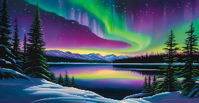 A night sky filled with vibrant Northern Lights above a snowy landscape, featuring silhouetted pine trees and a frozen lake reflecting the colors.