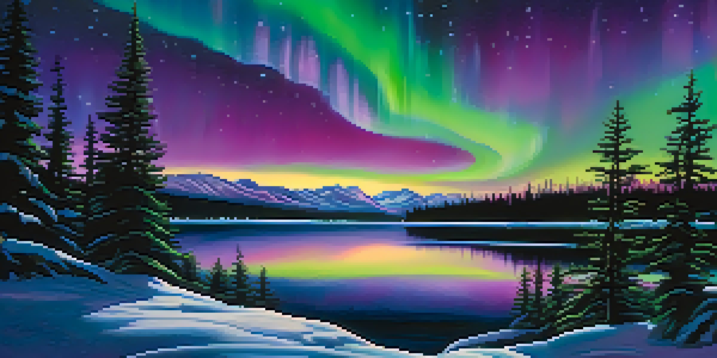 A night sky filled with vibrant Northern Lights above a snowy landscape, featuring silhouetted pine trees and a frozen lake reflecting the colors.