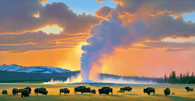 A beautiful sunrise view of Old Faithful geyser in Yellowstone National Park, with bison grazing in the foreground and mountains in the background.