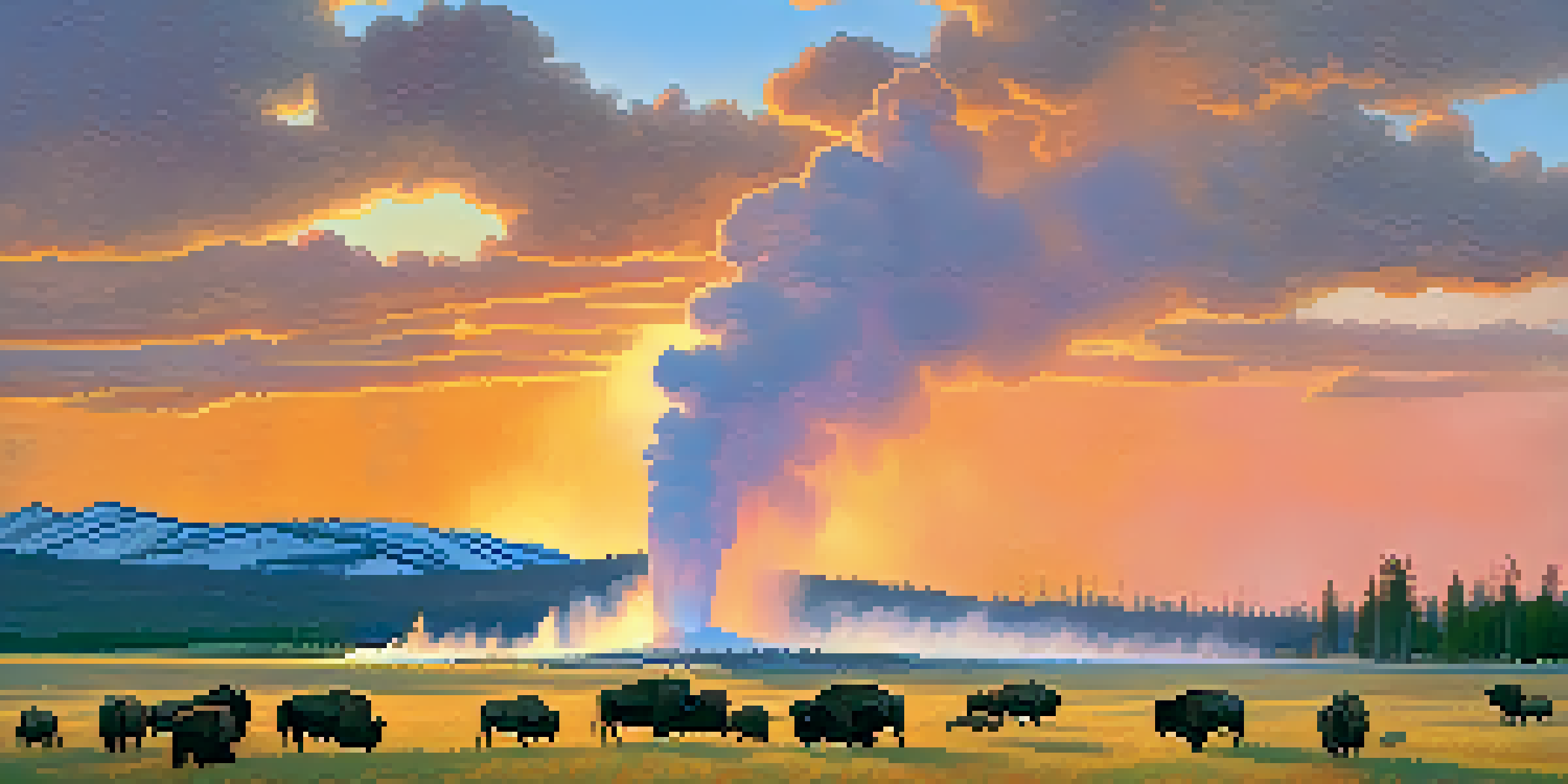 A beautiful sunrise view of Old Faithful geyser in Yellowstone National Park, with bison grazing in the foreground and mountains in the background.