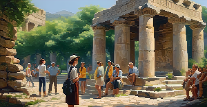 A tour guide passionately sharing stories in front of ancient ruins, with tourists listening attentively in a lush green setting.