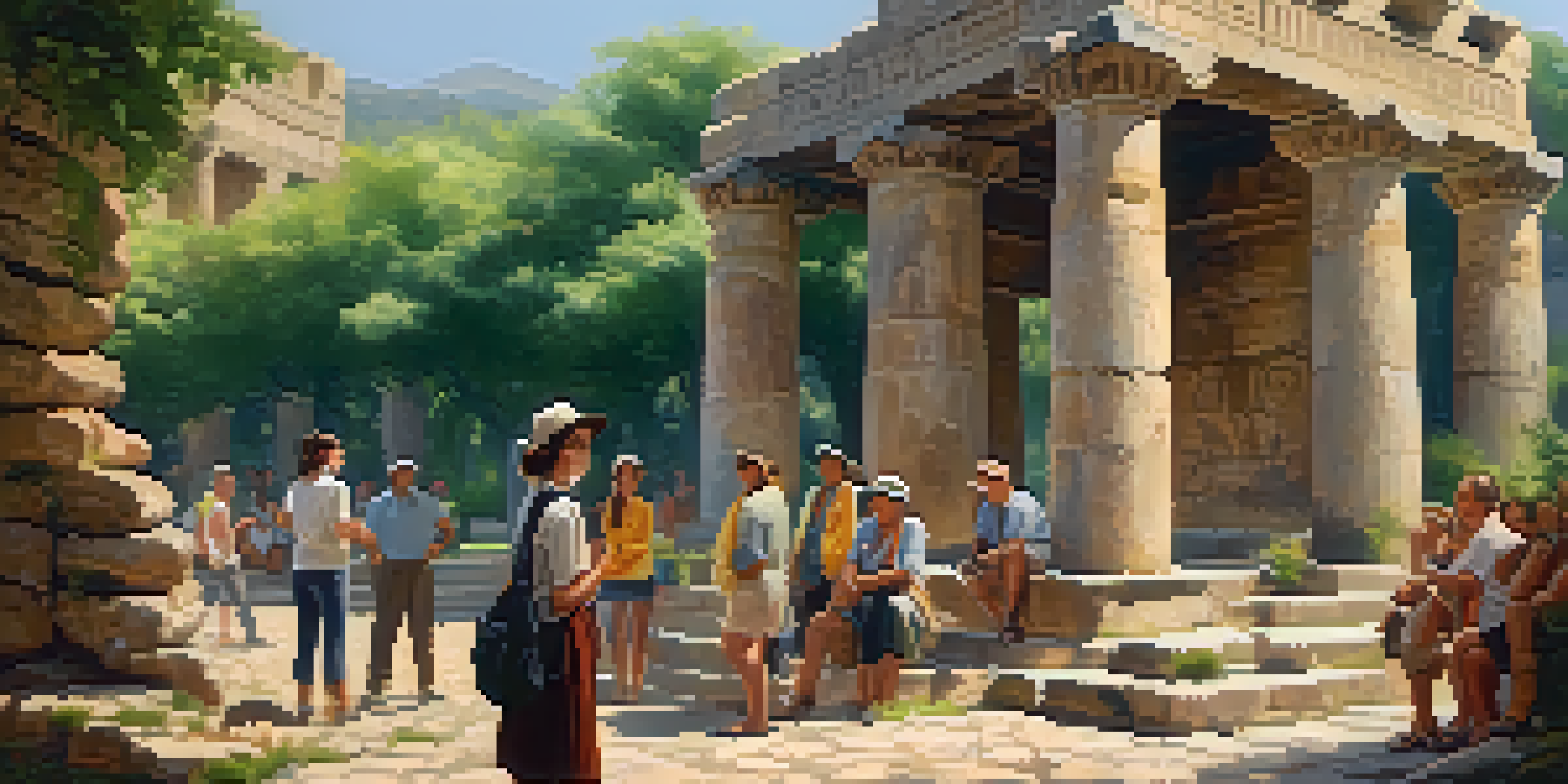 A tour guide passionately sharing stories in front of ancient ruins, with tourists listening attentively in a lush green setting.