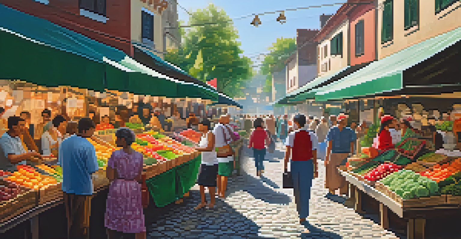 A lively local market with various stalls displaying fresh produce and crafts, illuminated by sunlight filtering through trees.
