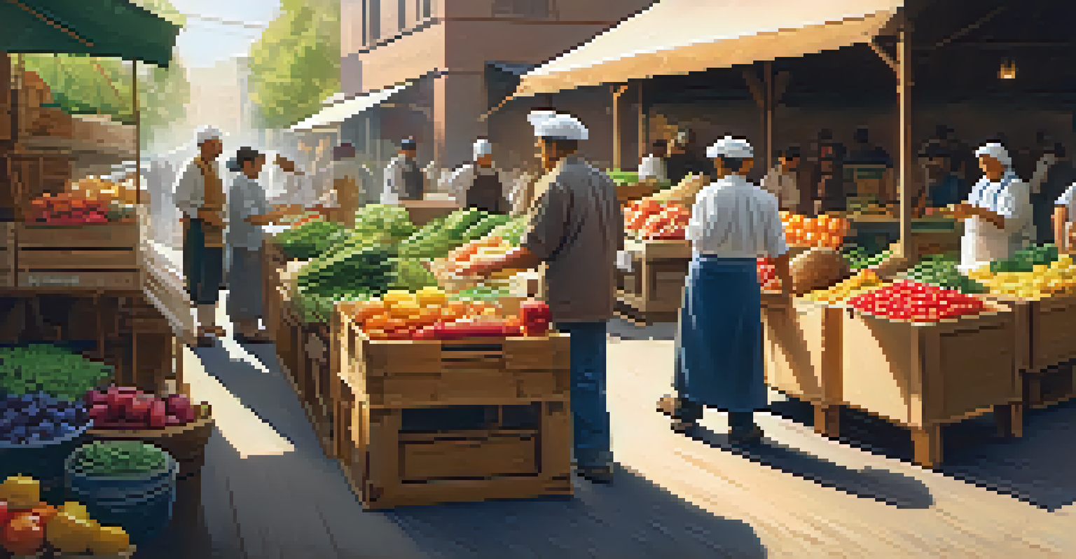 A bustling outdoor market with local farmers selling fresh produce, as a chef selects colorful ingredients under warm golden sunlight.