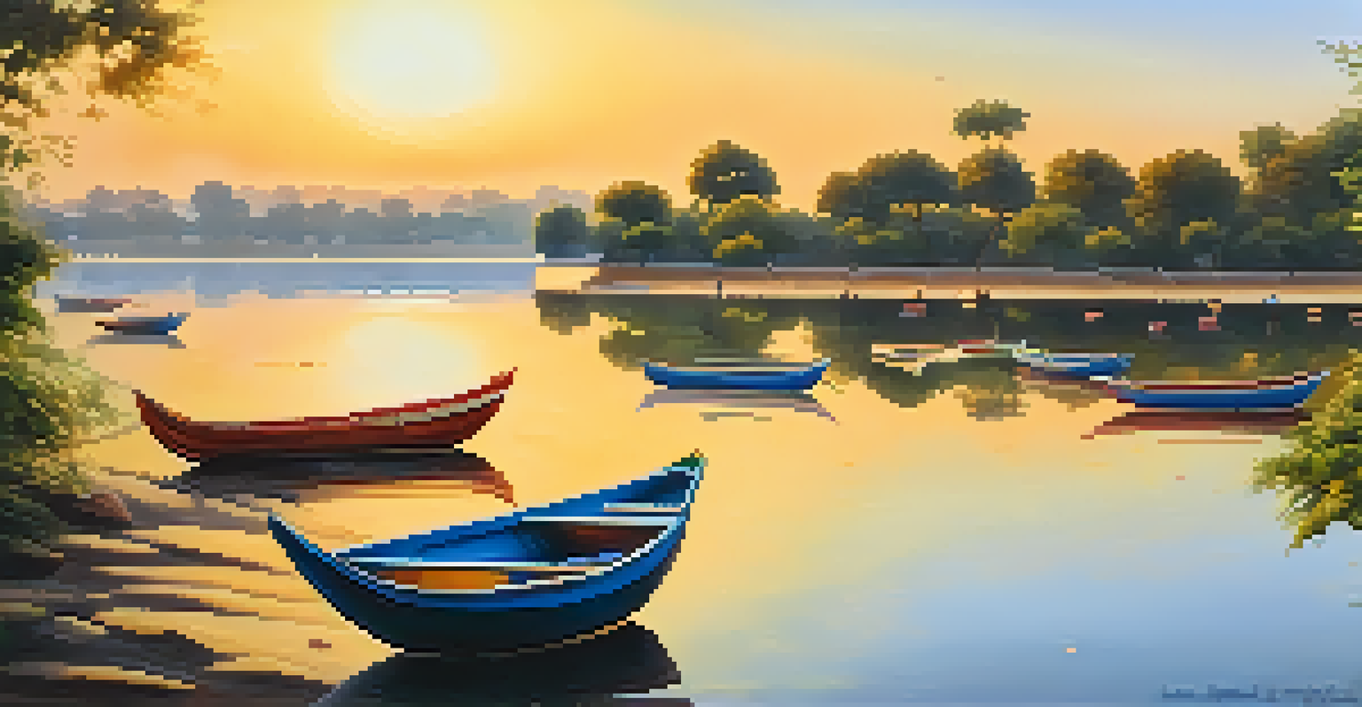 A peaceful sunset at Sukhna Lake in Chandigarh, with boats on the water and golden light in the sky.