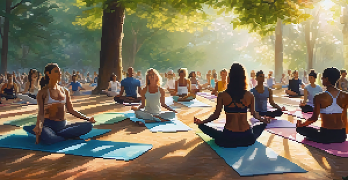 Participants engaged in a yoga session in a lush green outdoor setting, with colorful mats and sunlight filtering through the trees.