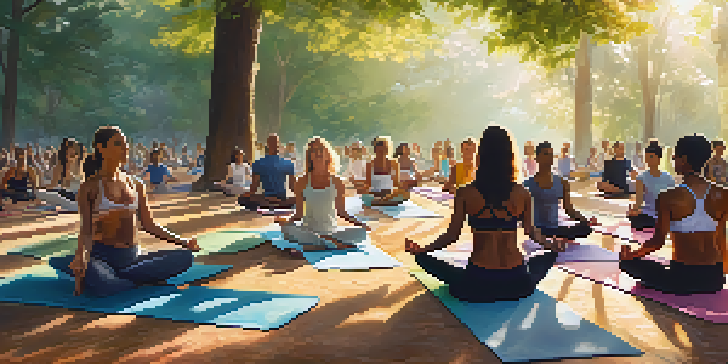 Participants engaged in a yoga session in a lush green outdoor setting, with colorful mats and sunlight filtering through the trees.