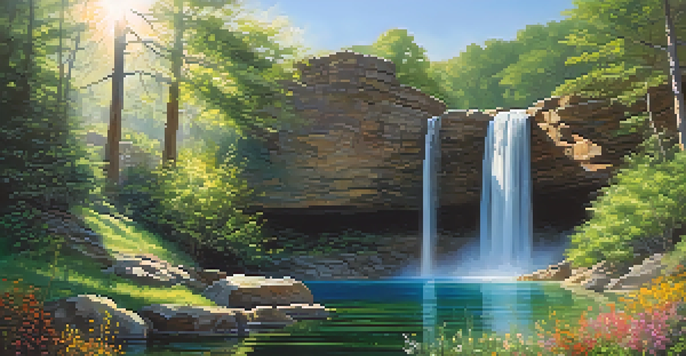 A hidden waterfall surrounded by greenery and wildflowers with sunlight shining through the trees.