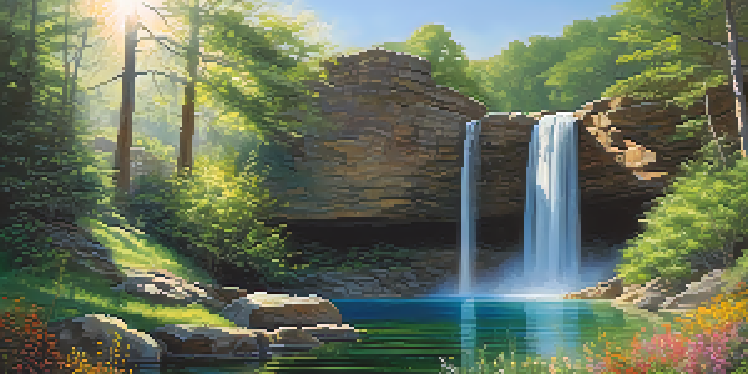 A hidden waterfall surrounded by greenery and wildflowers with sunlight shining through the trees.