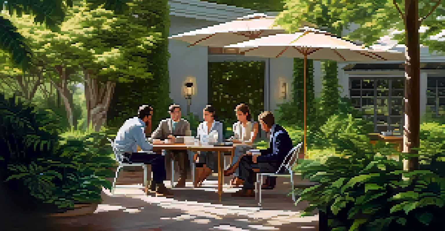 An outdoor business meeting with people conversing in a relaxed setting surrounded by greenery, emphasizing patience and collaboration.