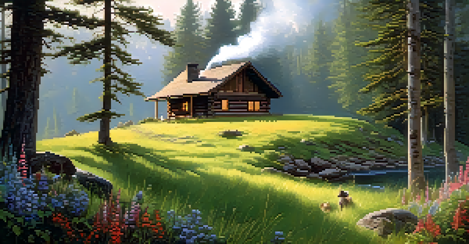 A cozy cabin in a forest with a person on the porch enjoying tea, surrounded by morning light and wildflowers.