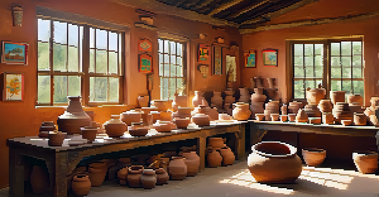 A workshop at a heritage center where young artisans learn pottery, surrounded by clay pots and decorated walls, illuminated by natural light.