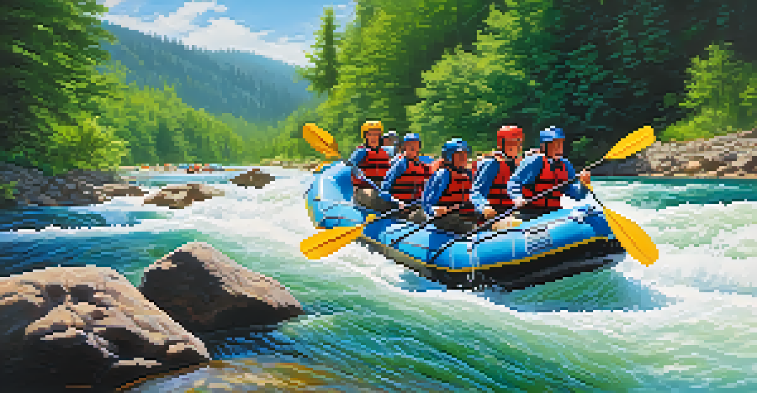 A lively summer rafting adventure on a blue river with rafters navigating through gentle rapids, surrounded by green trees and a sunny sky.