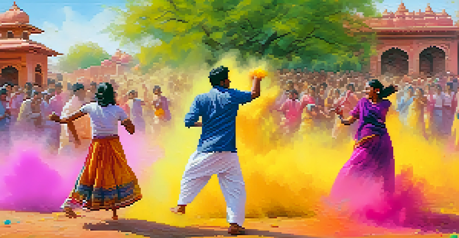 A lively Holi festival with people joyfully throwing colorful powders surrounded by blooming trees and traditional architecture.