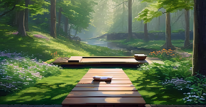 A tranquil yoga platform in a green forest with sunlight filtering through trees and a nearby stream.