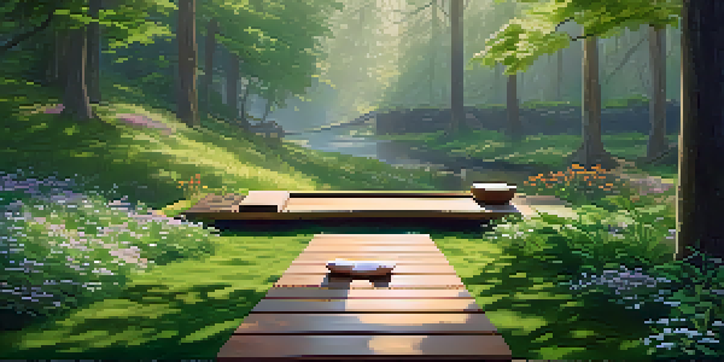 A tranquil yoga platform in a green forest with sunlight filtering through trees and a nearby stream.