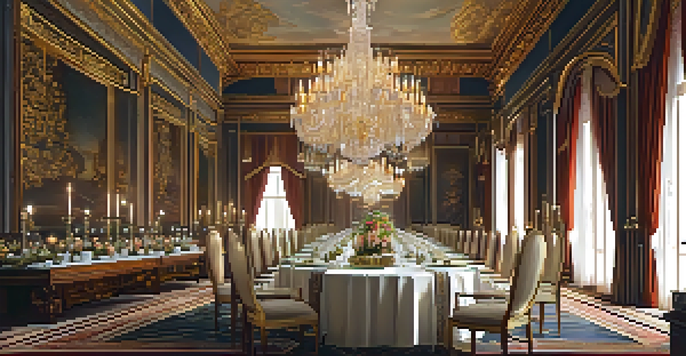 A luxurious royal dining hall with a long table set for a five-course meal, featuring chandeliers and rich decor.