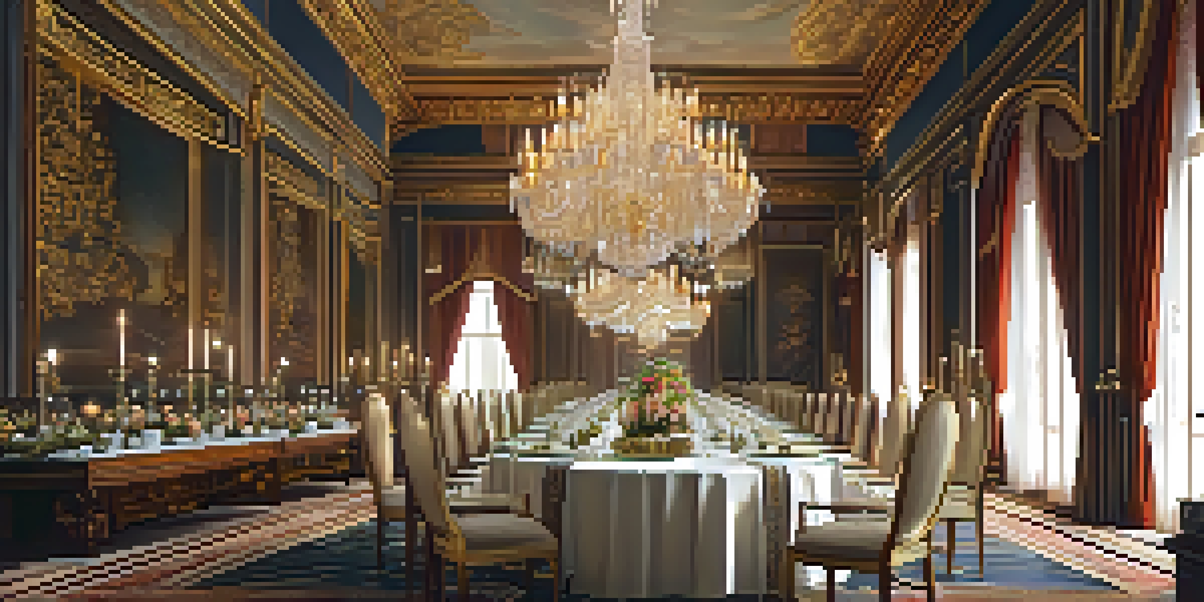 A luxurious royal dining hall with a long table set for a five-course meal, featuring chandeliers and rich decor.