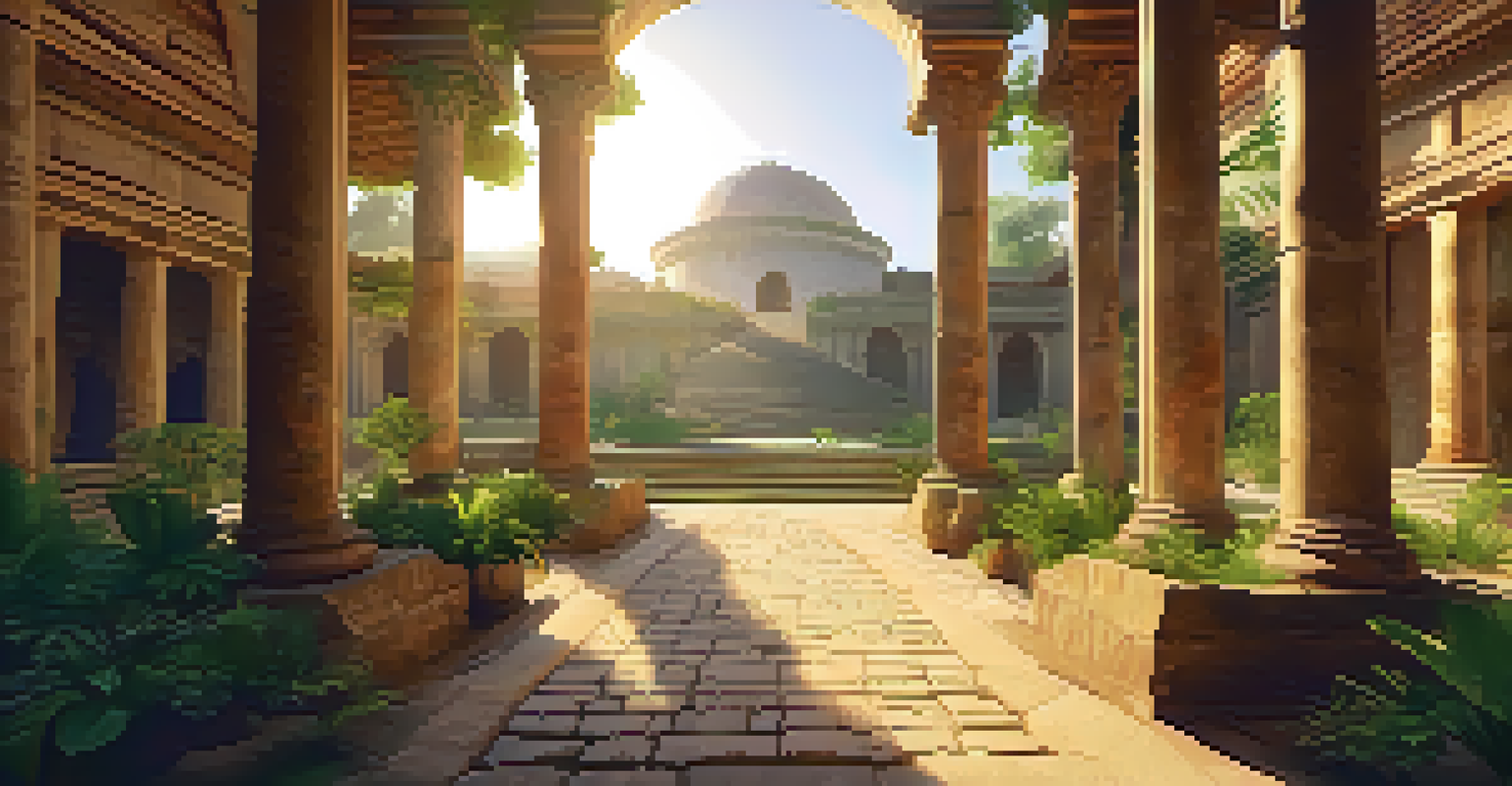 People using virtual reality headsets to explore an ancient historical site surrounded by greenery and sunlight.
