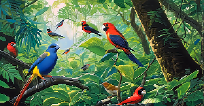 A vibrant rainforest filled with green foliage, colorful birds, and sunlight filtering through the tree canopy.