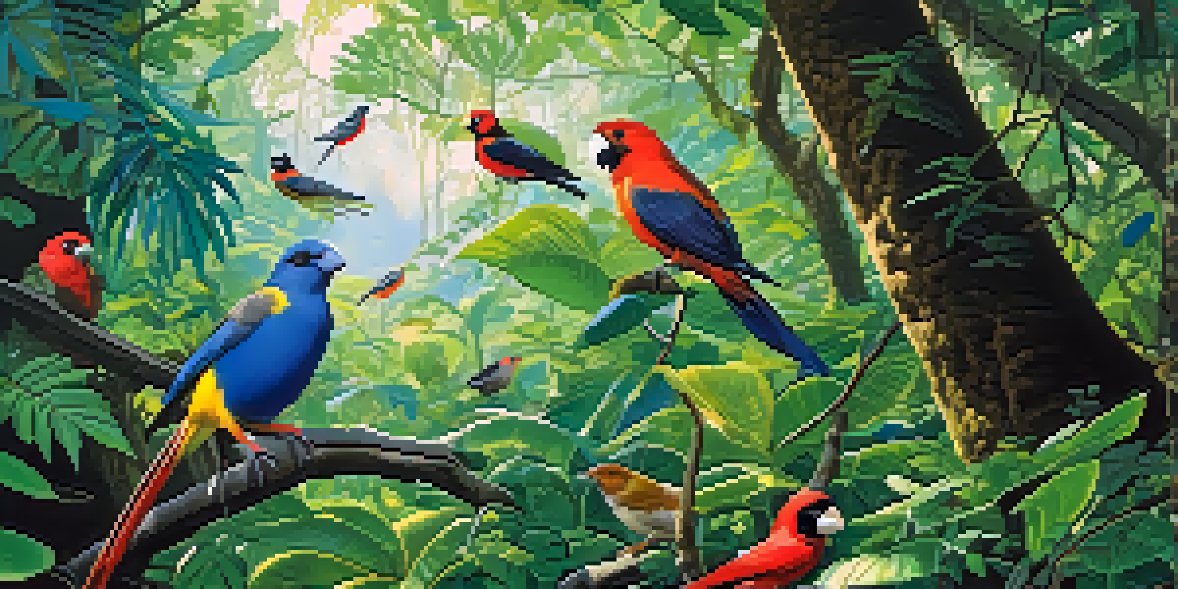 A vibrant rainforest filled with green foliage, colorful birds, and sunlight filtering through the tree canopy.