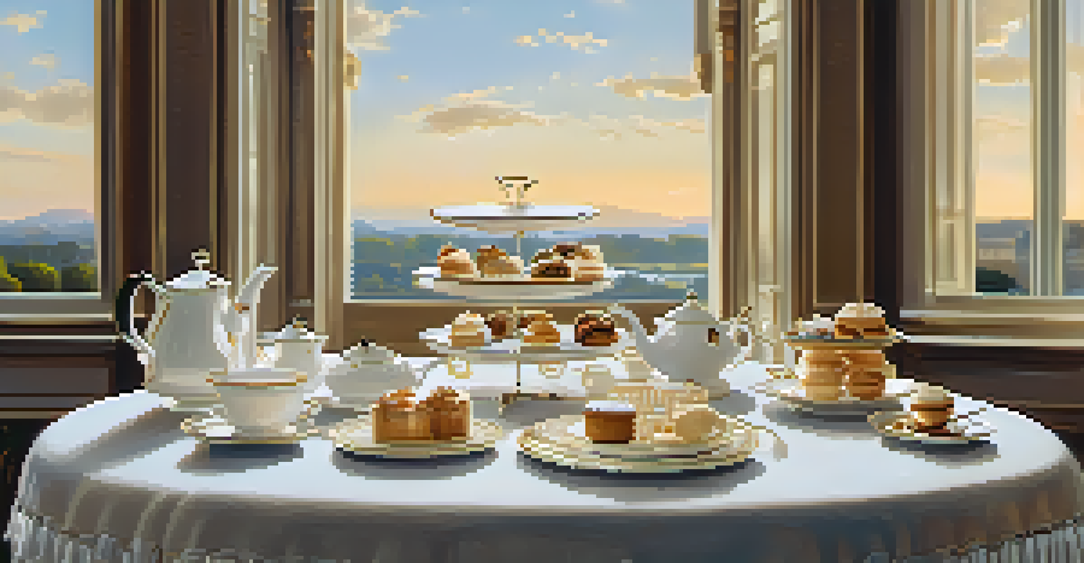 A luxurious high tea setup with pastries and teas in a heritage hotel.
