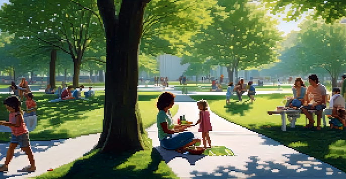 A family enjoying a picnic in a green urban park with trees and flowers, while children play nearby and modern buildings are in the background.