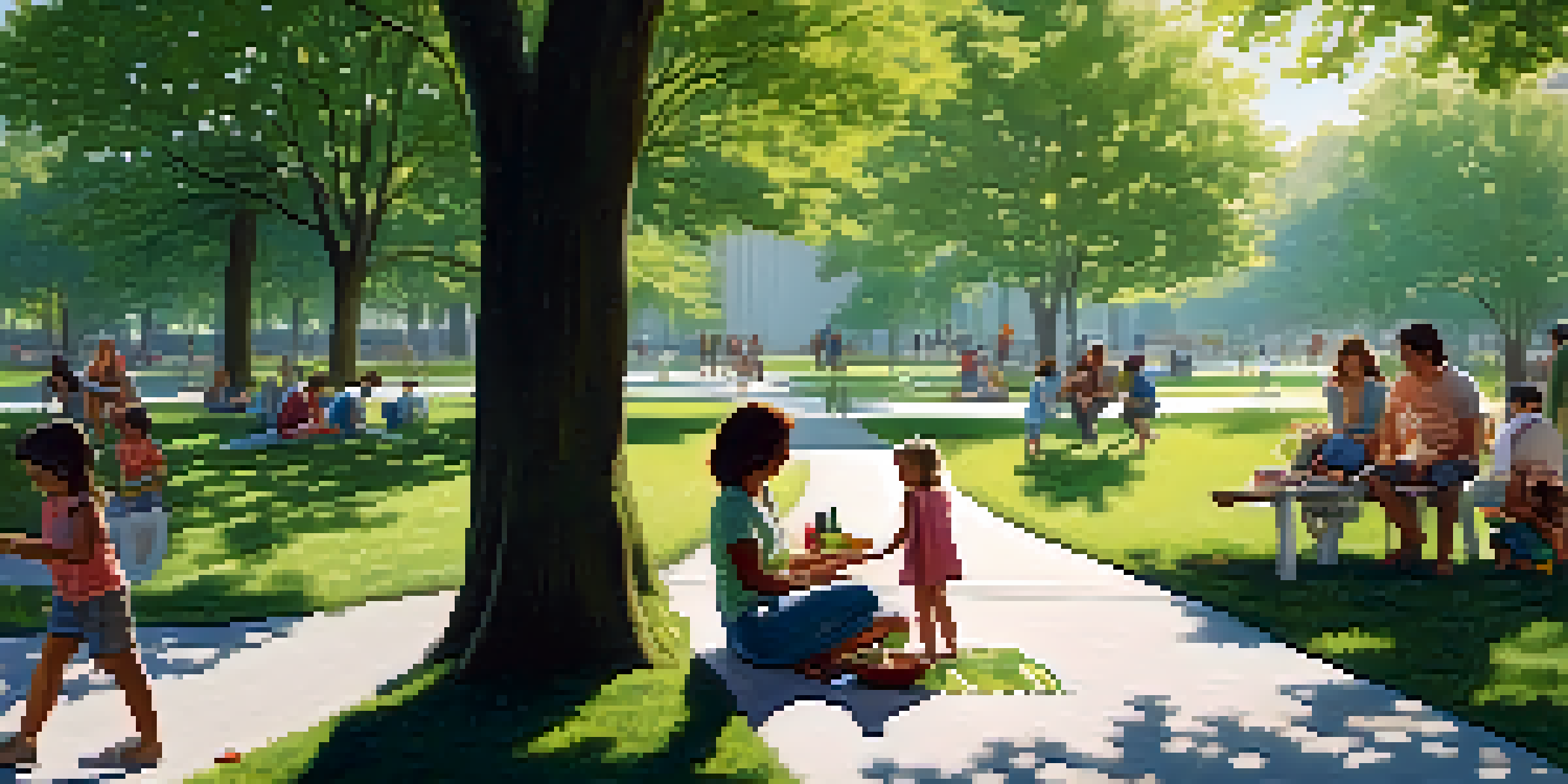 A family enjoying a picnic in a green urban park with trees and flowers, while children play nearby and modern buildings are in the background.