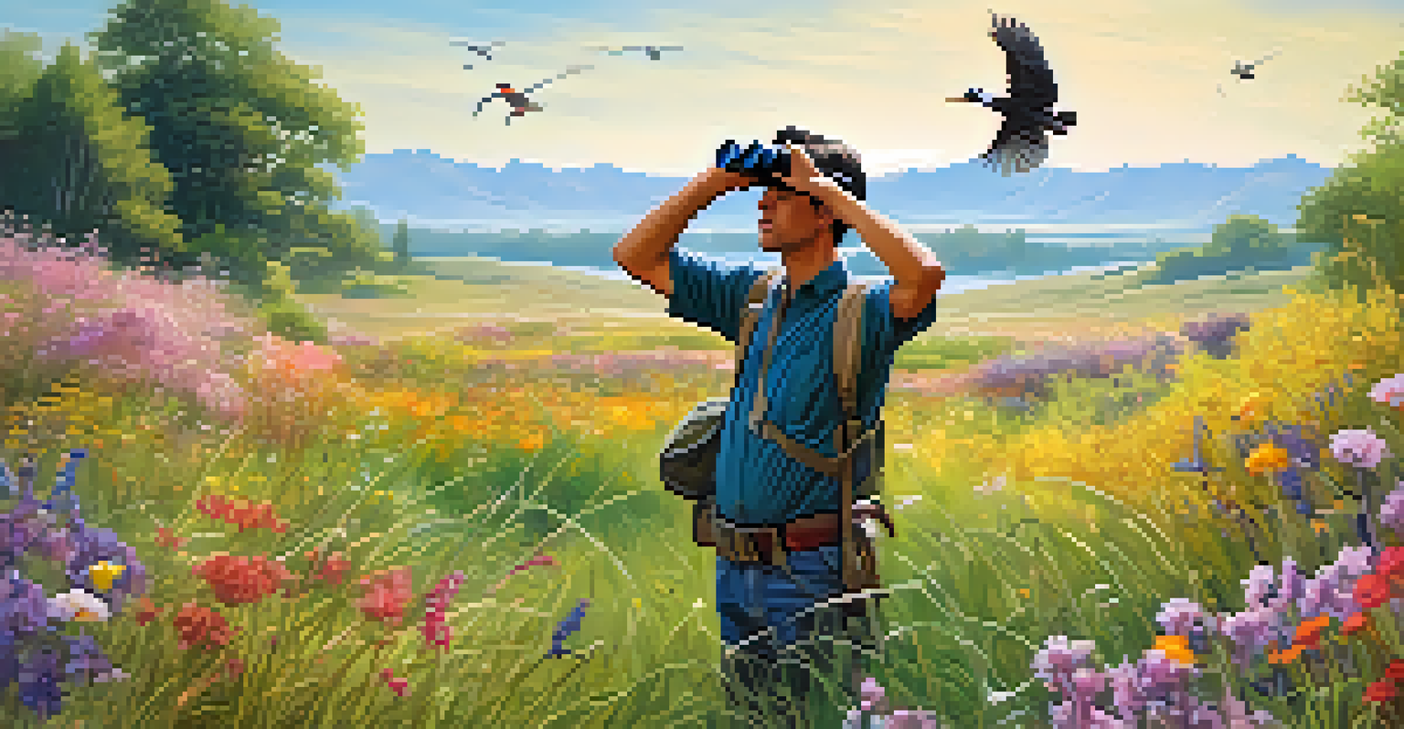 A birdwatcher in a colorful meadow using binoculars, with a variety of migratory birds flying in the background.