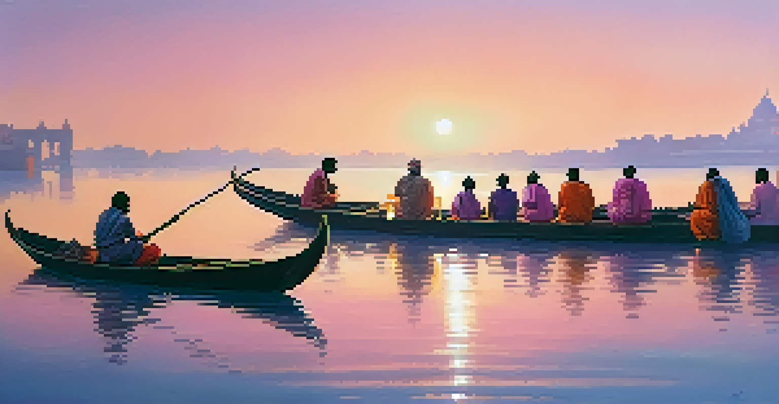 Devotees performing rituals along the Ganges River at dawn, with soft candlelight reflecting on the water.