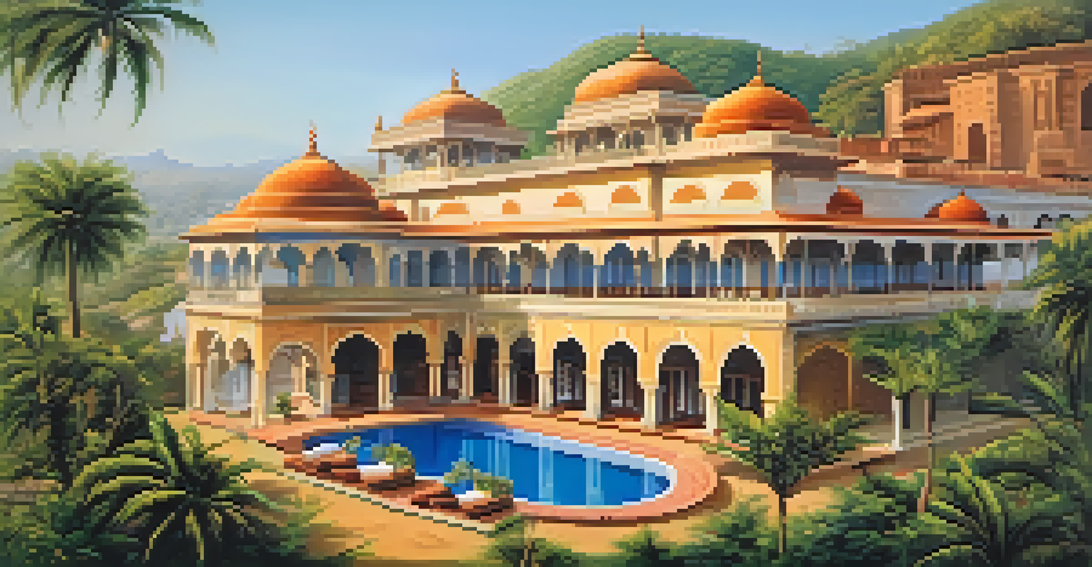 A heritage hotel showcasing Indo-Saracenic architecture with a fort in the background and a clear sky.