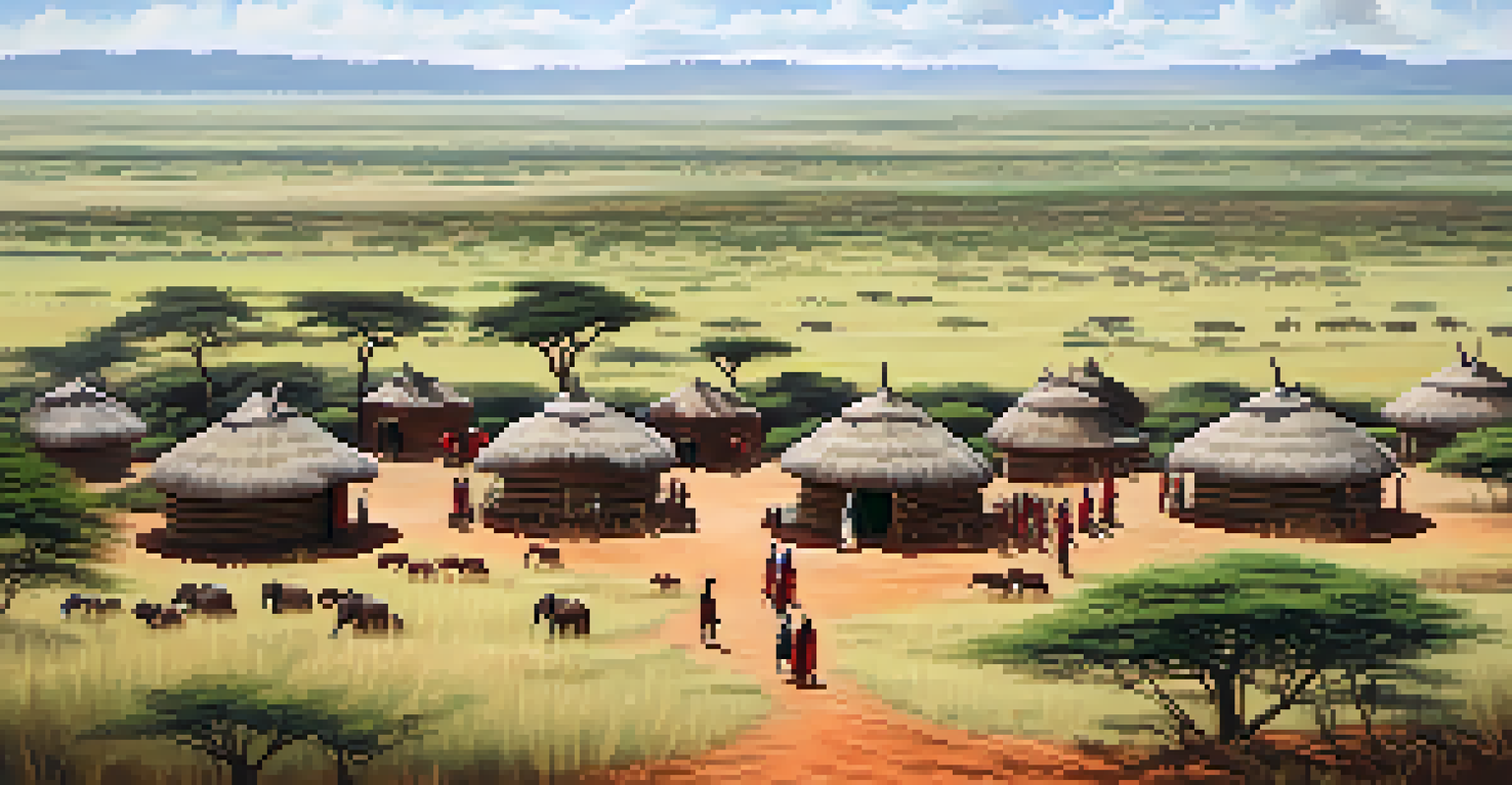 A Maasai village with traditional huts, Maasai individuals, and distant wildlife in the savannah.