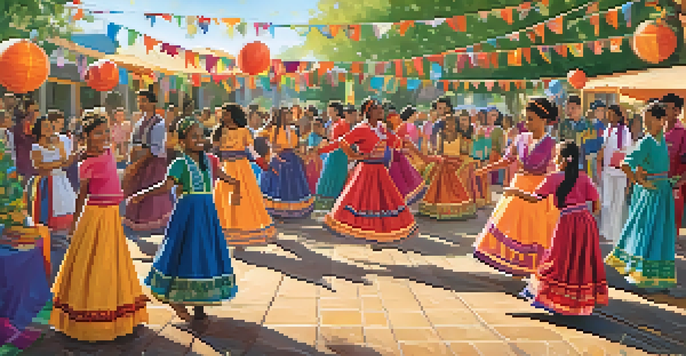 Students in traditional clothing celebrating a multicultural school event with food and dance.
