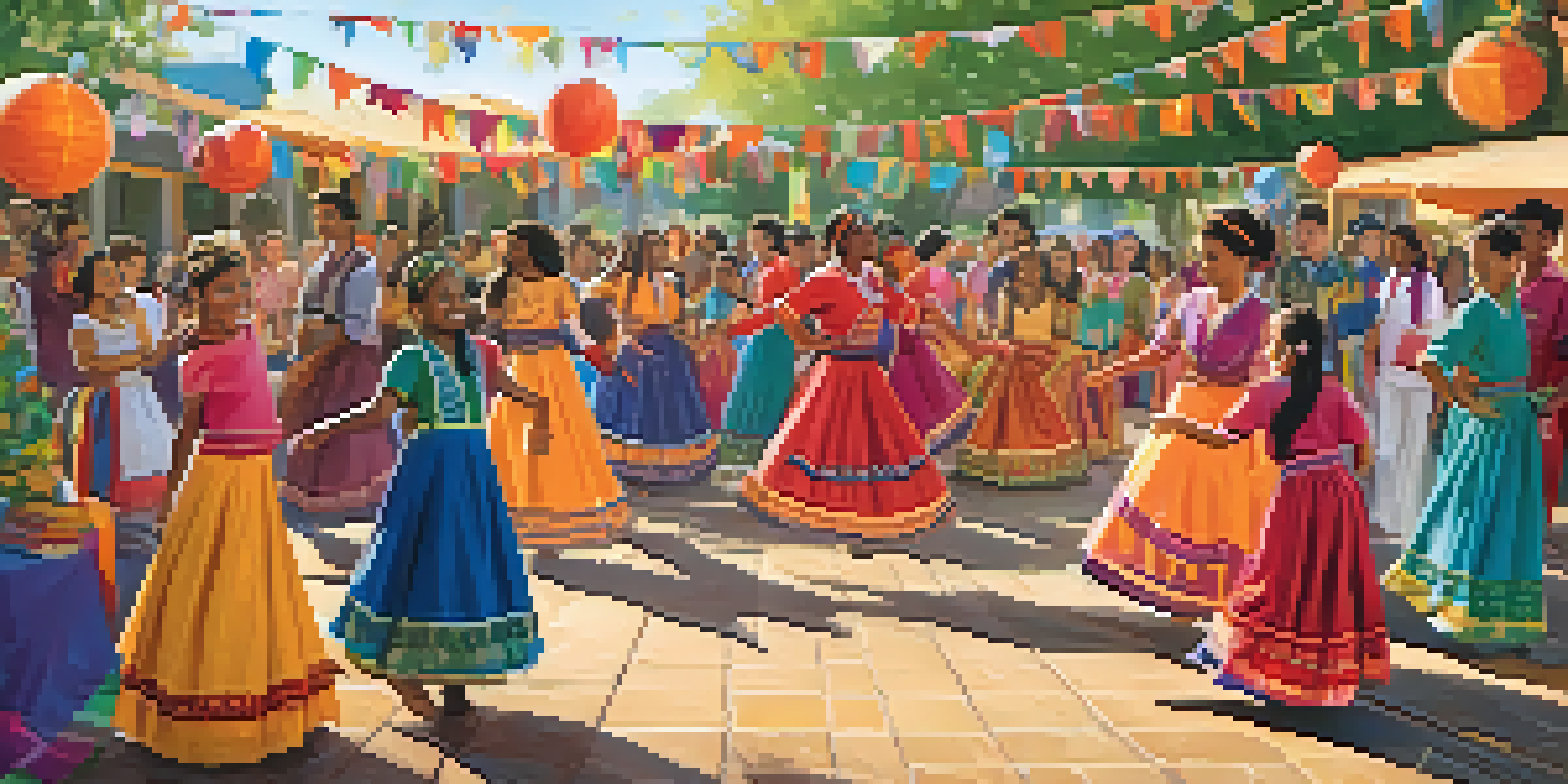 Students in traditional clothing celebrating a multicultural school event with food and dance.