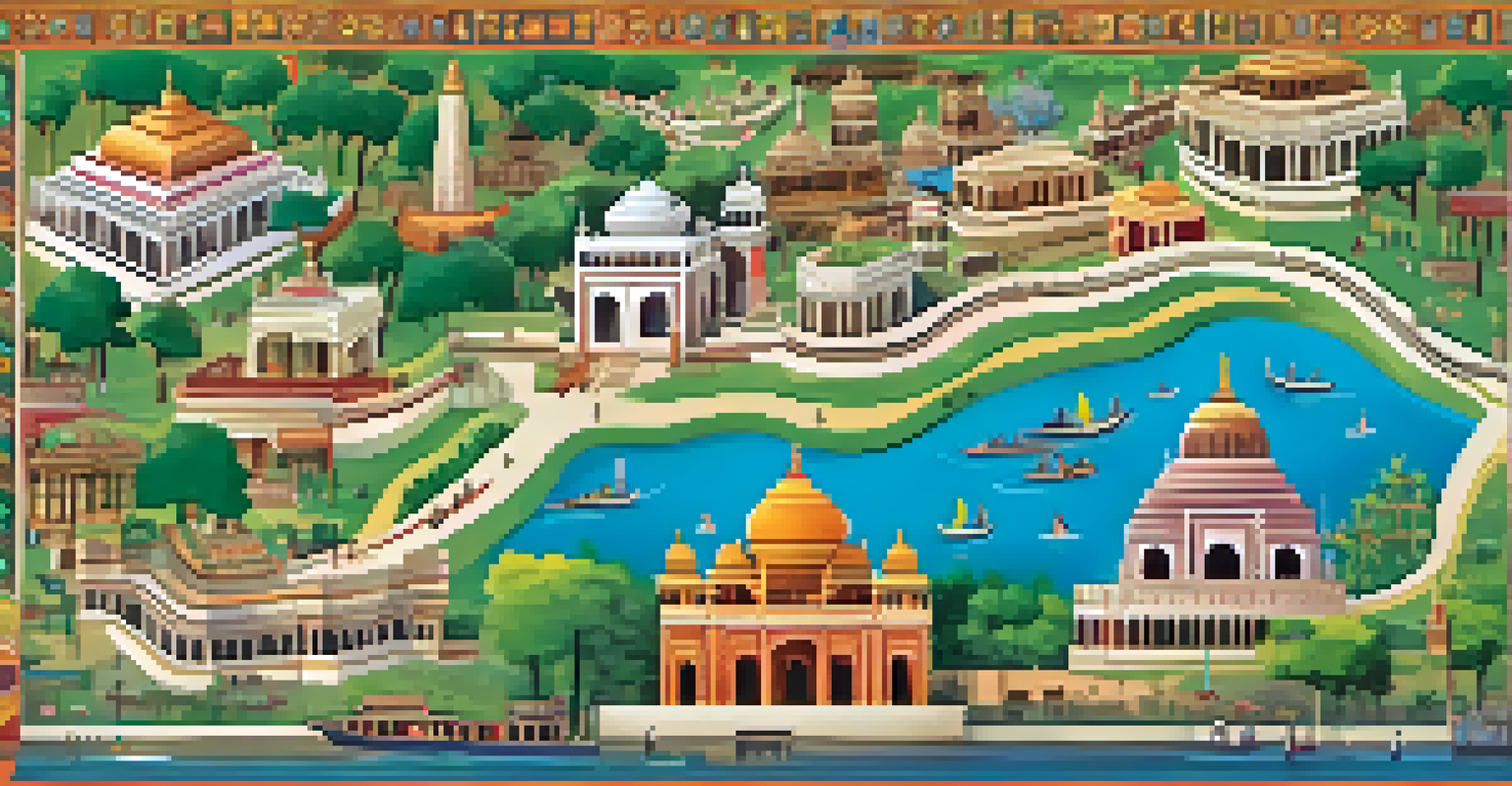 An interactive map of a heritage trail in India, featuring colorful landmarks and community events in the background.