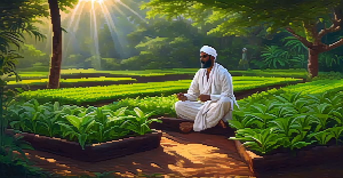 A Siddha medicine practitioner in traditional attire inspecting a turmeric plant in a vibrant herbal garden, with soft sunlight creating a warm atmosphere.