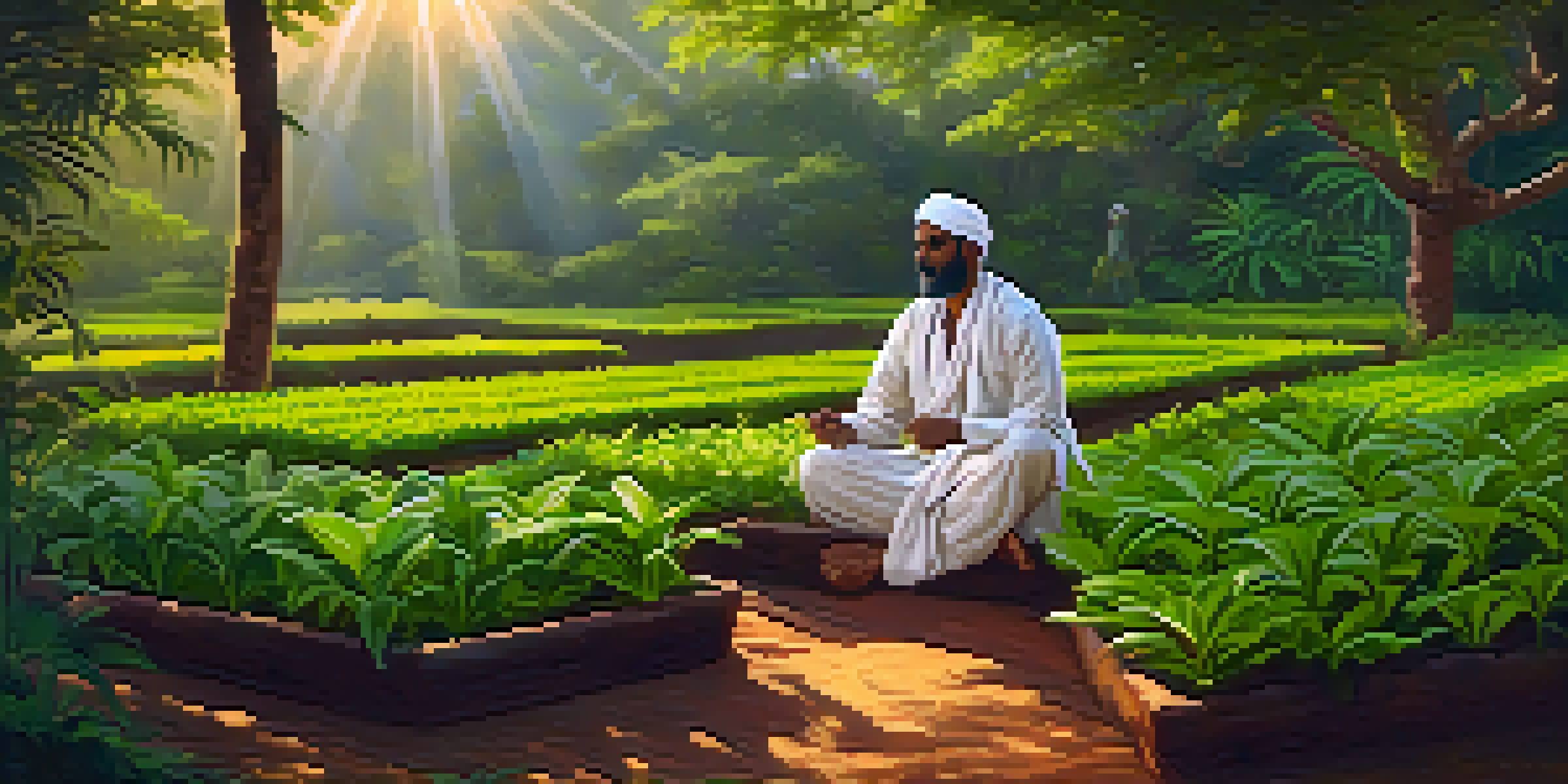 A Siddha medicine practitioner in traditional attire inspecting a turmeric plant in a vibrant herbal garden, with soft sunlight creating a warm atmosphere.