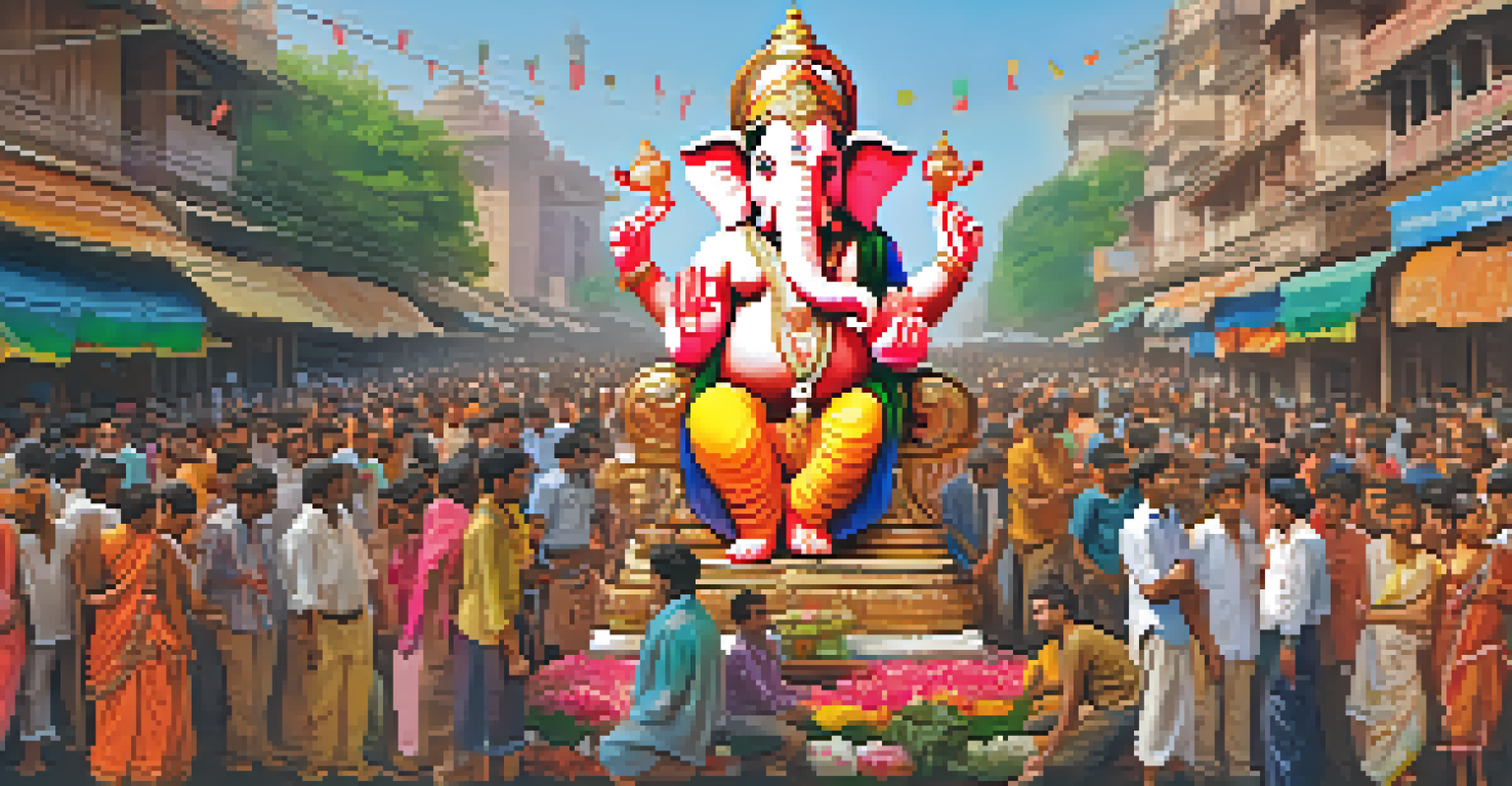 A community gathering for Ganesh Chaturthi with colorful decorations and people collaborating.