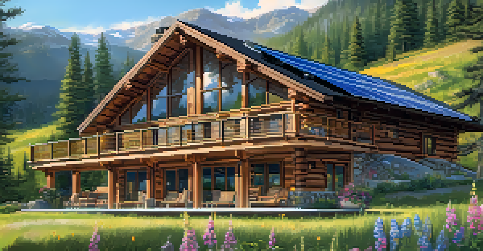 An eco-friendly lodge in the mountains surrounded by wildflowers and pine trees, with solar panels on the roof.