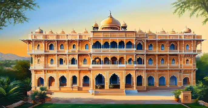 A majestic royal heritage hotel in Rajasthan with intricate architecture, surrounded by gardens under a sunset sky.