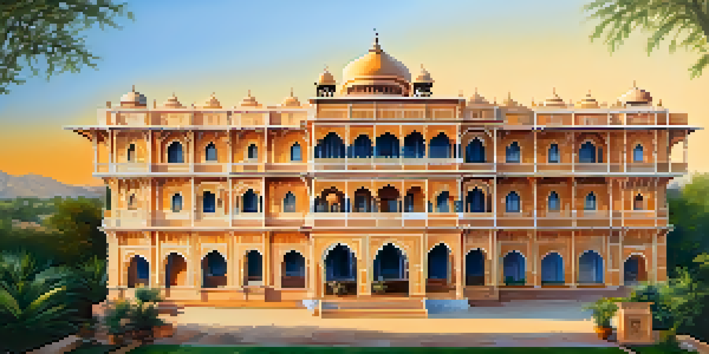 A majestic royal heritage hotel in Rajasthan with intricate architecture, surrounded by gardens under a sunset sky.