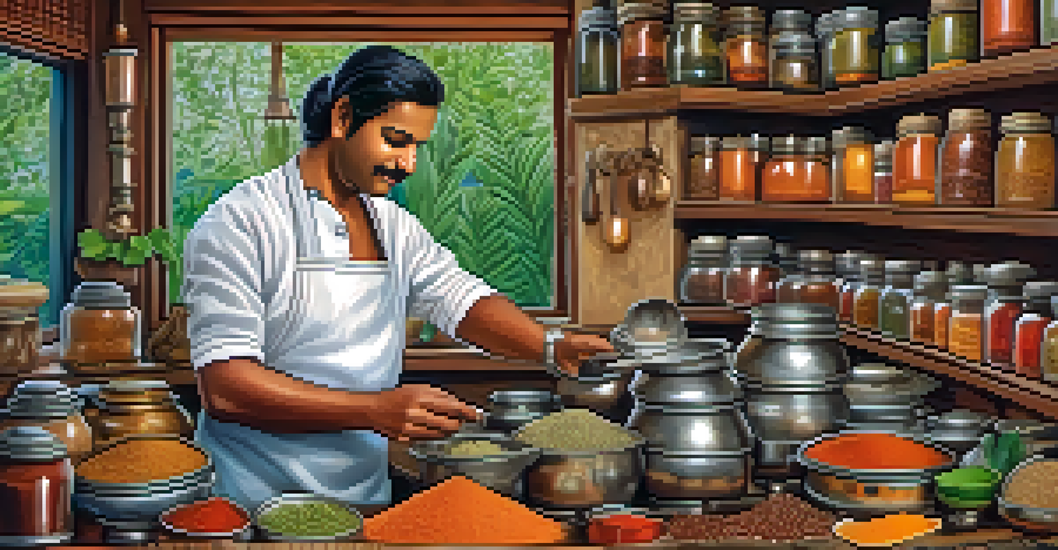 A traditional Indian kitchen with a chef blending spices, surrounded by herbs and colorful spice jars, illuminated by warm light.